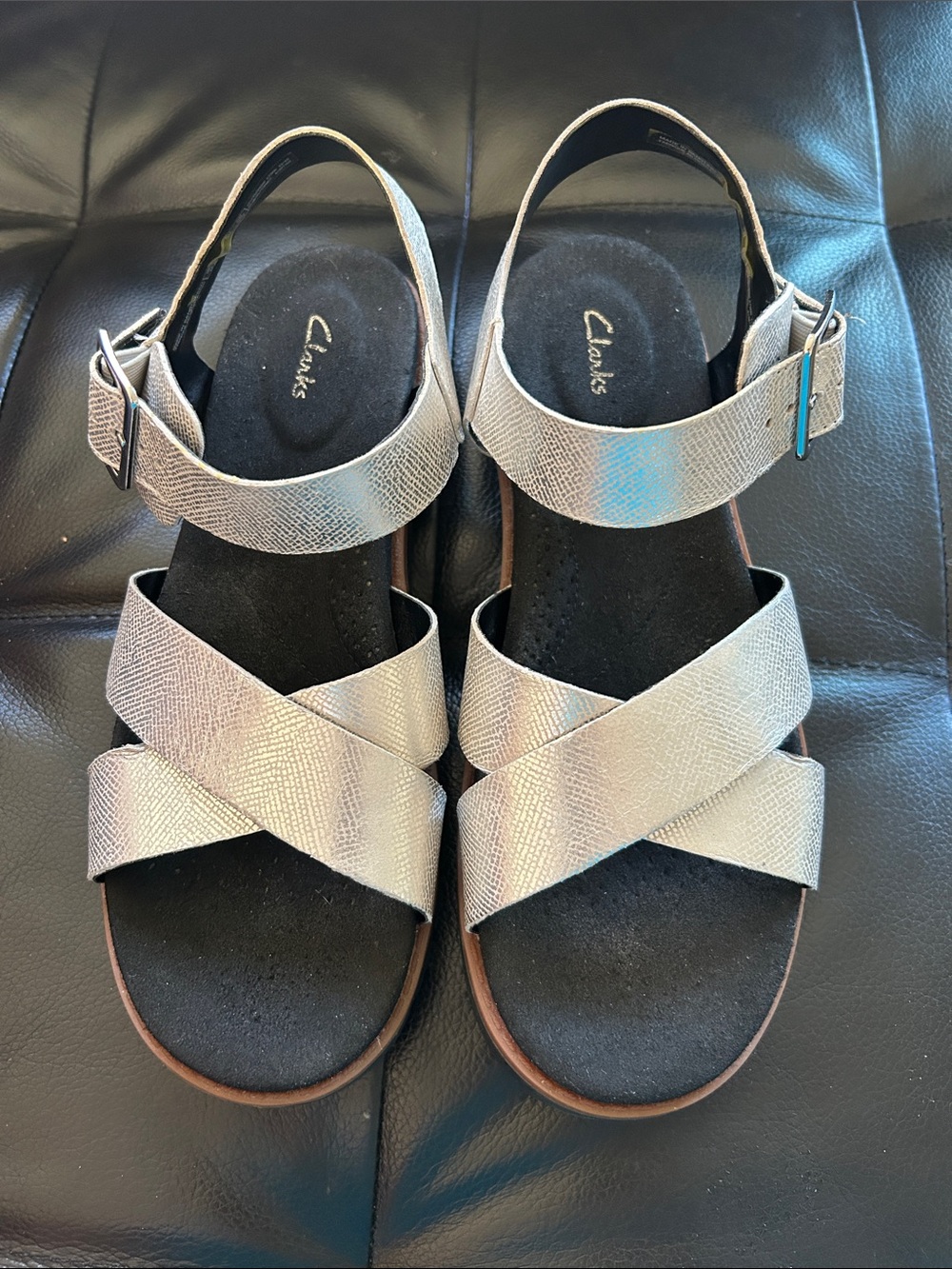 Clarks Metallic Beige Snake-Texture Slingback Sandals